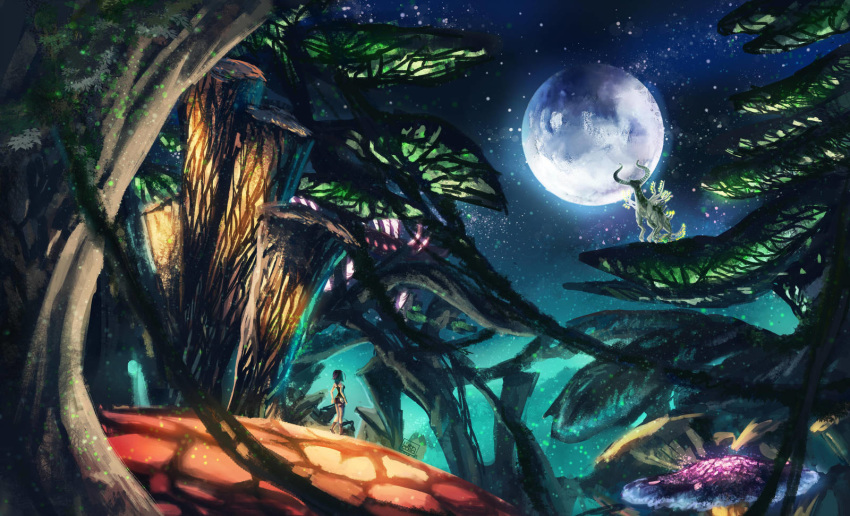 animal bioluminescence black_tank_top boots commentary deer full_moon giant_mushroom highres keruusu_(xenoblade_x) light_particles lilithcosa looking_up moon nature night night_sky noctilum outdoors plant scenery short_shorts shorts sky tree xenoblade_(series) xenoblade_chronicles_x