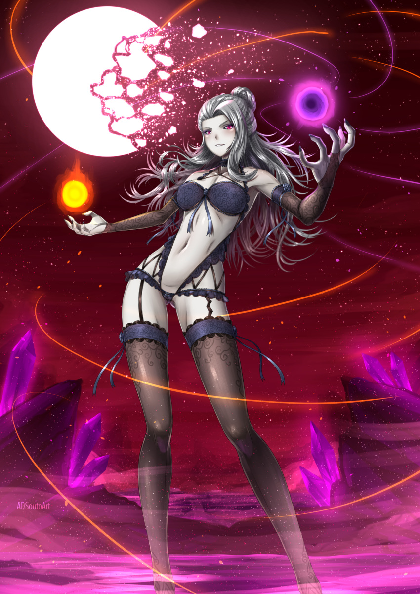 adsouto artist_name ass_visible_through_thighs black_bra black_legwear black_nails black_panties black_sclera bra breasts bridal_gauntlets broken_moon choker cleavage elbow_gloves garter_belt gloves highres lingerie long_hair looking_at_viewer medium_breasts moon nail_polish navel night panties parted_lips red_eyes rwby salem_(rwby) silver_hair solo standing thighhighs underwear white_skin