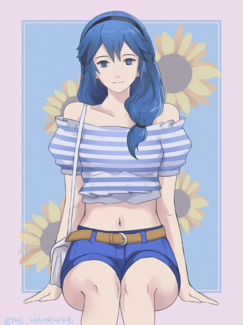 1girl absurdres alternate_costume bag bangs bare_shoulders belt black_hairband blue_eyes blue_hair blue_shorts closed_mouth collarbone commentary crop_top english_commentary fire_emblem fire_emblem:_kakusei fire_emblem_heroes flower hairband handbag highres long_hair looking_at_viewer low_tied_hair lucina navel nintendo off_shoulder shirt shorts sitting striped striped_shirt sunflower super_smash_bros. the_kingduke thighs