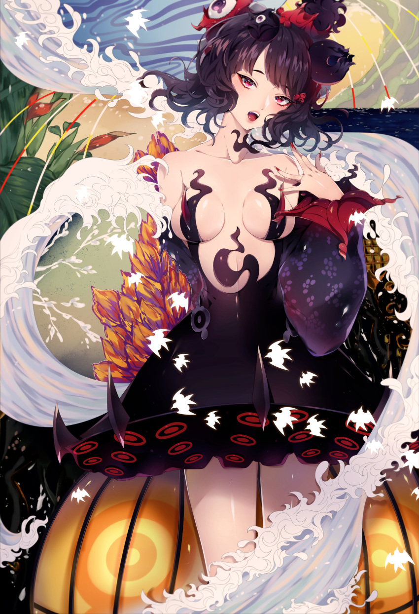 absurdres bangs bare_shoulders black_dress blue_eyes blush breasts cleavage collarbone detached_sleeves dress eyebrows_visible_through_hair eyeshadow fate/grand_order fate_(series) fine_art_parody flower hair_flower hair_ornament hand_up head_tilt highres katsushika_hokusai_(fate/grand_order) looking_at_viewer makeup medium_breasts misshao_00 nail_polish nihonga octopus open_mouth parody puffy_sleeves purple_eyes purple_hair red_nails shiny shiny_skin short_hair smile solo strapless strapless_dress tsurime waves