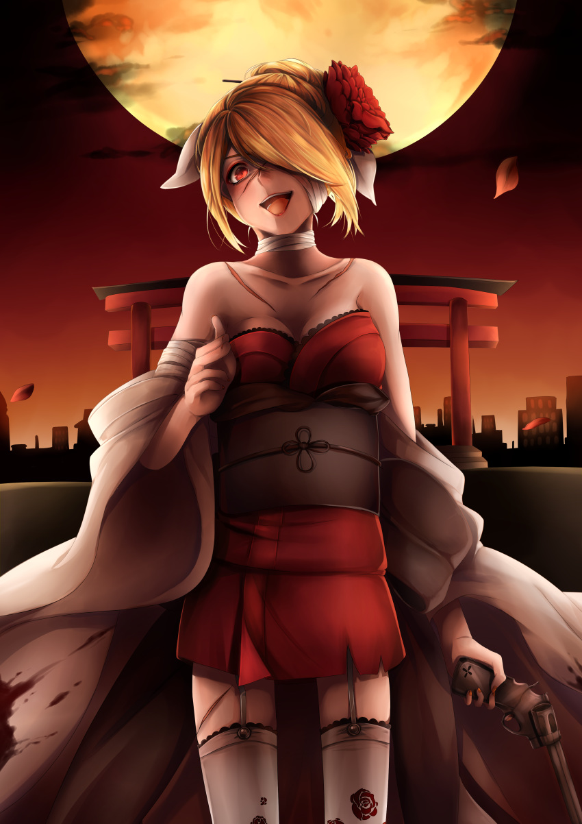 absurdres bandage_over_one_eye bandaged_neck bare_shoulders blonde_hair blood blood_splatter breasts building cityscape cleavage constricted_pupils crazy_eyes evil_smile eyeshadow floral_print garter_belt gun handgun highres holding holding_gun holding_weapon japanese_clothes kagamine_rin karakuri_manji_burst_(vocaloid) kimono laughing makeup medium_breasts moon night night_sky obi open_mouth petals red_eyes red_lips revolver rlf_00 sash scar short_kimono sky smile solo thighhighs updo vocaloid weapon yellow_moon