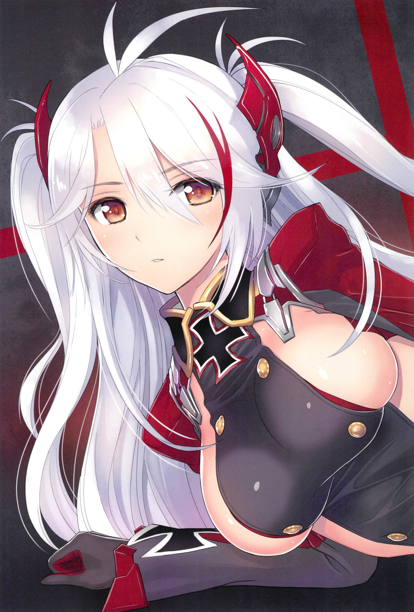 absurdres antenna_hair arm_support azur_lane bangs blush breasts eyebrows_visible_through_hair gloves hair_ornament highres iron_cross large_breasts long_hair looking_at_viewer multicolored_hair parted_lips prinz_eugen_(azur_lane) red_hair scan shiny shiny_skin silver_hair simple_background solo tanaka_takayuki