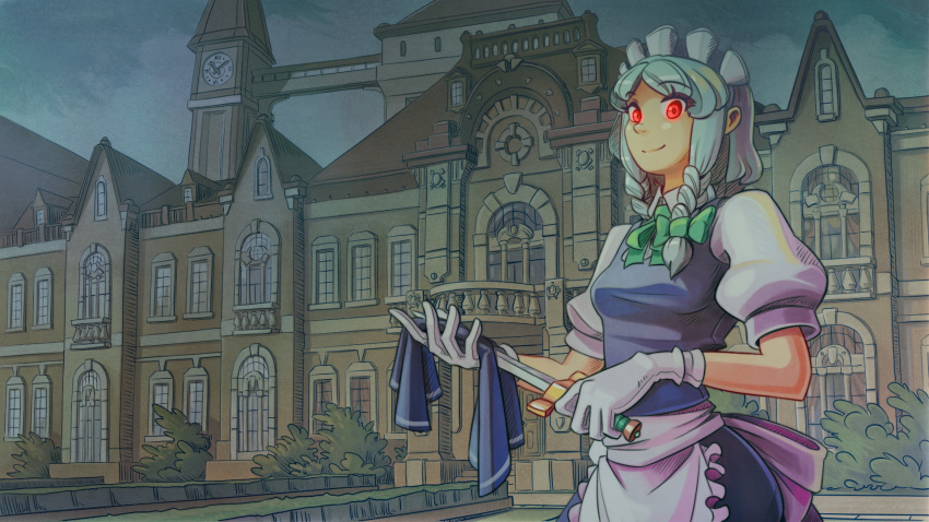 1girl acrylic_paint_(medium) apron architecture balcony bangs blue_skirt blue_vest braid breasts bridge clock clock_tower cloth cloud curtains eyebrows_visible_through_hair gloves glowing glowing_eyes green_ribbon hair_ribbon highres holding holding_cloth holding_knife izayoi_sakuya knife looking_at_viewer maid_headdress neck_ribbon night outdoors parted_bangs planter puffy_short_sleeves puffy_sleeves red_eyes ribbon scarlet_devil_mansion shirt short_hair short_sleeves silver_hair skirt sky small_breasts smile solo standing topiary touhou tower traditional_media tress_ribbon twin_braids u-joe upper_body vest waist_apron white_gloves white_shirt window wiping