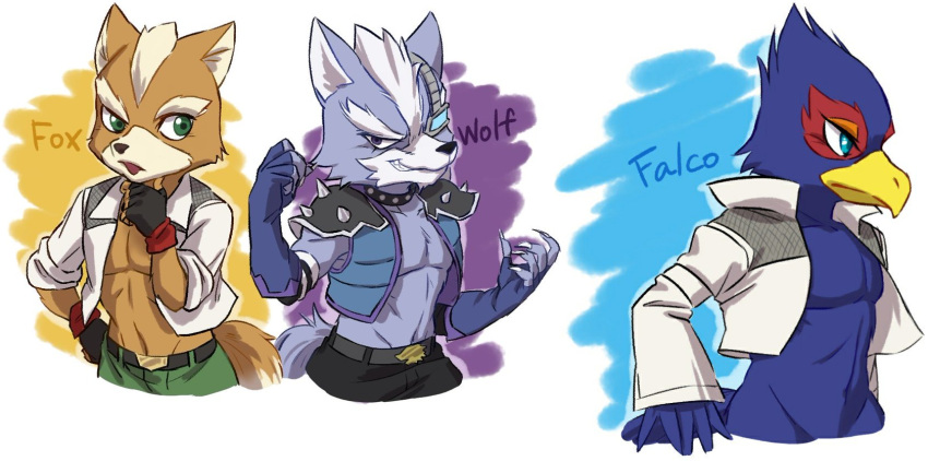 avian belt canine clothed clothing collar falco_lombardi fox fox_mccloud grin male mammal nintendo pants scanner smile star_fox teeth topless vest video_games wolf wolf_o'donnell