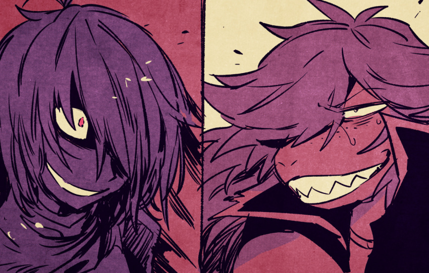 1other cape deltarune grin hair_over_one_eye high_collar kris_(deltarune) limited_palette long_hair parted_lips sharp_teeth smile split_screen susie_(deltarune) sweat teeth yojigazou