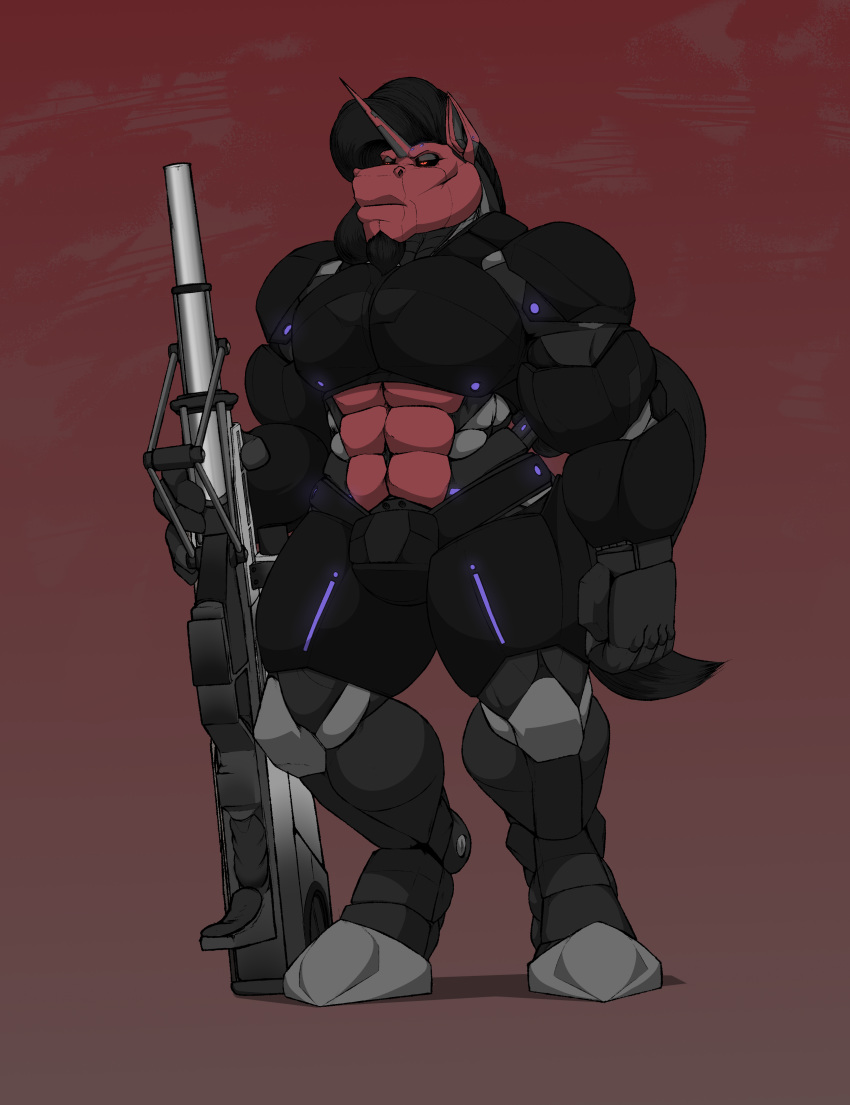 anthro armor clothed clothing crimson_crescent_(nolollygagging) cybrog equine facial_hair goatee gun horn male mammal muscular muscular_male nolollygagging ranged_weapon solo standing unicorn weapon