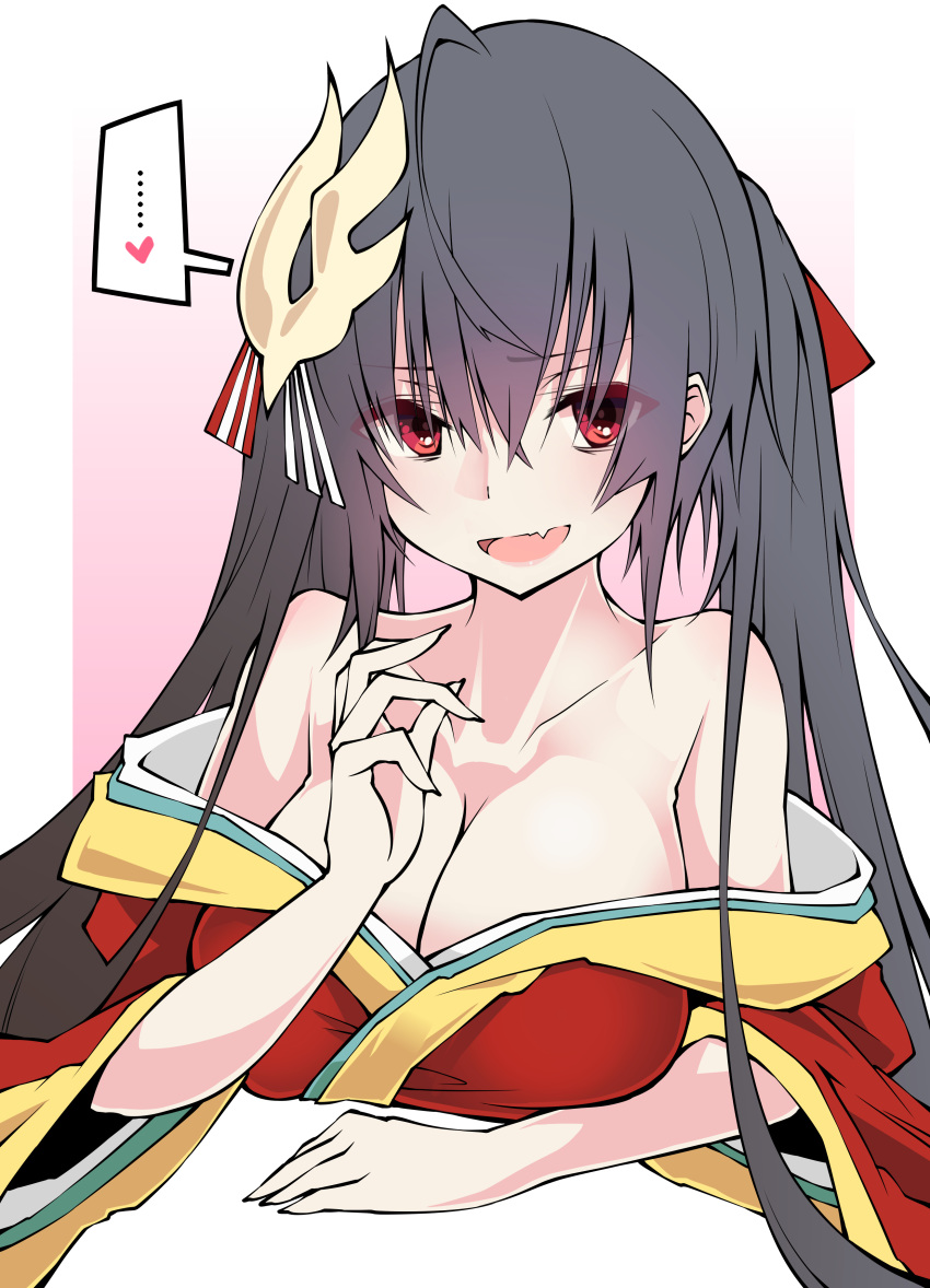 absurdres ahoge azur_lane bangs bare_shoulders black_hair breasts cleavage collarbone commentary_request eyebrows_visible_through_hair fang hair_between_eyes heart highres huge_breasts japanese_clothes kimono long_hair looking_at_viewer mask mask_on_head open_mouth red_eyes red_kimono sakakiba_misogi simple_background spoken_heart taihou_(azur_lane) very_long_hair