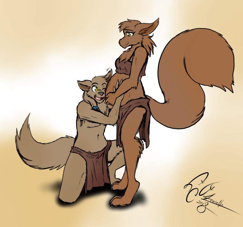 2018 anthro anthrofied bra breasts brown_fur canine claws clothing dekaisen digitigrade duo father female fluffy fluffy_tail fur gradient_background hand_on_stomach happy hi_res hug interspecies keidran listening listening_to_stomach loincloth male mammal mother mrs._nibbly on_one_knee parent ponytail predator/prey pregnant rodent romantic_couple simple_background smile squirrel standing sythe_(twokinds) toes twokinds underwear webcomic wolf yellow_eyes