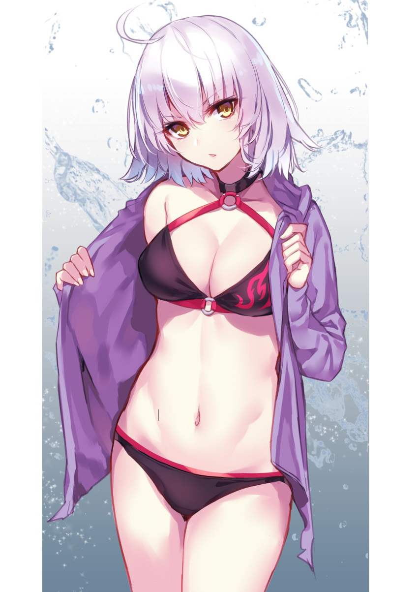 1girl ahoge aosaki_yukina bangs bare_shoulders bikini black_bikini black_choker border breasts choker cleavage commentary_request cowboy_shot eyebrows_visible_through_hair fate/grand_order fate_(series) gradient gradient_background grey_background hair_between_eyes halterneck head_tilt highres hood hooded_jacket jacket jeanne_d'arc_(alter_swimsuit_berserker) jeanne_d'arc_(fate)_(all) long_sleeves looking_at_viewer medium_breasts navel o-ring o-ring_bikini open_clothes open_jacket parted_lips pillarboxed purple_jacket short_hair silver_hair solo standing stomach swimsuit thighs white_border yellow_eyes