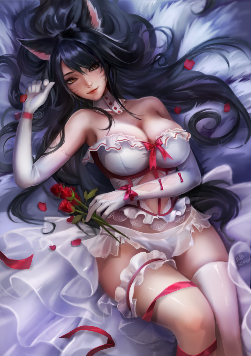 1girl ahri animal_ears black_hair breasts cleavage dress female flower fox_ears fox_tail frills highres large_breasts league_of_legends lingerie lying on_back rose tail underwear whisker_markings yellow_eyes