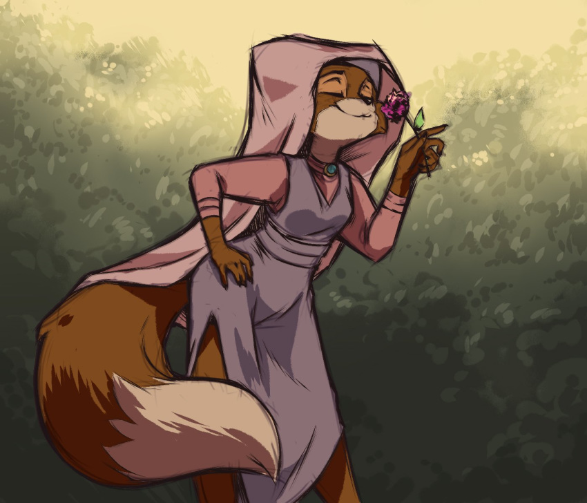 2018 anthro canine clothed clothing dipstick_tail disney eyes_closed female flower fox hand_on_hip headdress holding_object maid_marian mammal multicolored_tail plagueofgripes plant robin_hood_(disney) smile sniffing solo standing