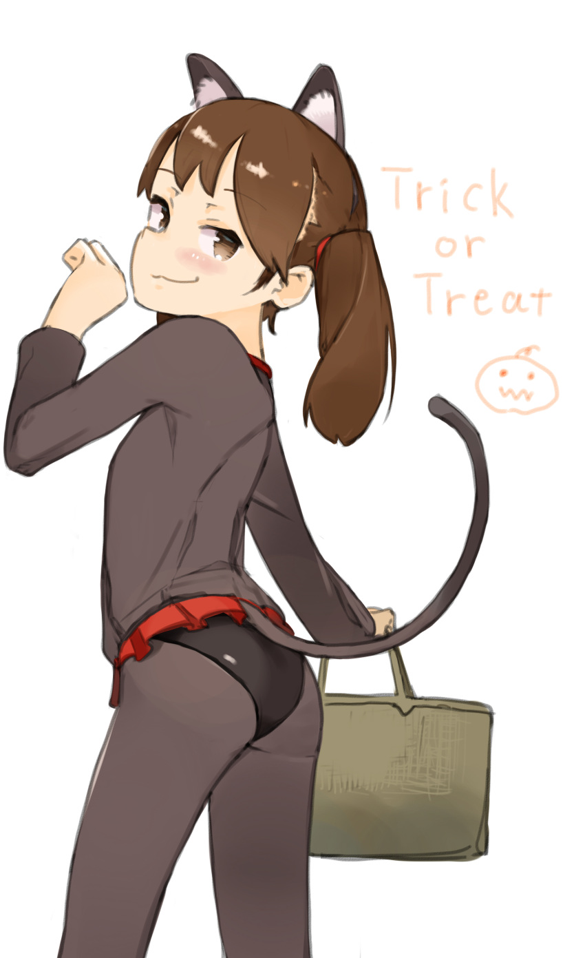 :3 absurdres animal_ear_fluff animal_ears arched_back ass back bangs brown_eyes brown_hair cat_ears cat_girl cat_tail closed_mouth co_botan commentary_request fake_animal_ears fake_tail feet_out_of_frame half-closed_eyes halloween halloween_costume highres holding jack-o'-lantern kantai_collection long_sleeves looking_at_viewer paw_pose petite ryuujou_(kantai_collection) sideways_mouth simple_background sketch smirk solo tail tail_raised trick_or_treat twintails white_background