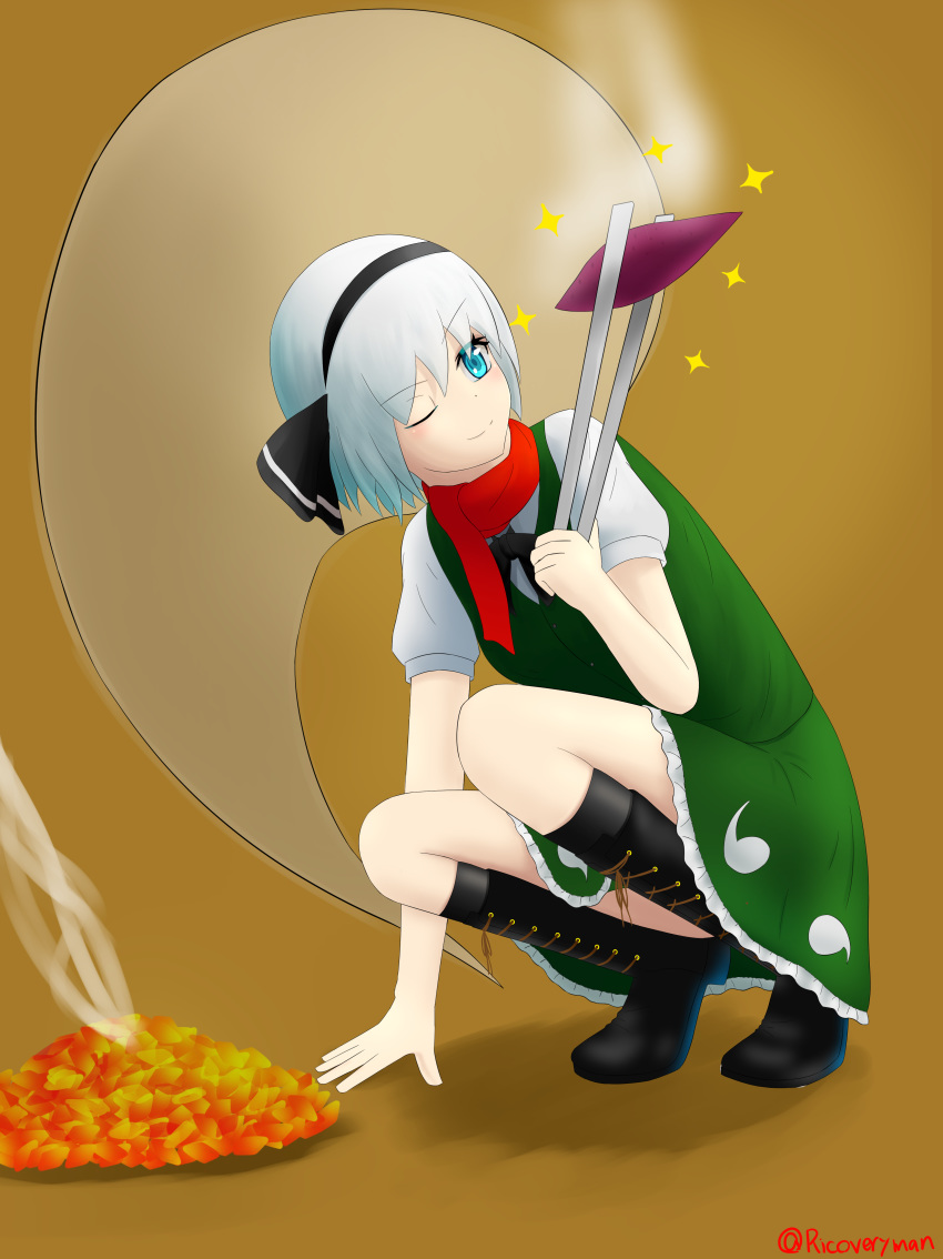 ;) absurdres black_footwear blue_eyes boots commentary_request cross-laced_footwear food highres konpaku_youmu konpaku_youmu_(ghost) lace-up_boots one_eye_closed recoveryman scarf signature smile smoke sparkle squatting steam sweet_potato tongs touhou white_hair yakiimo