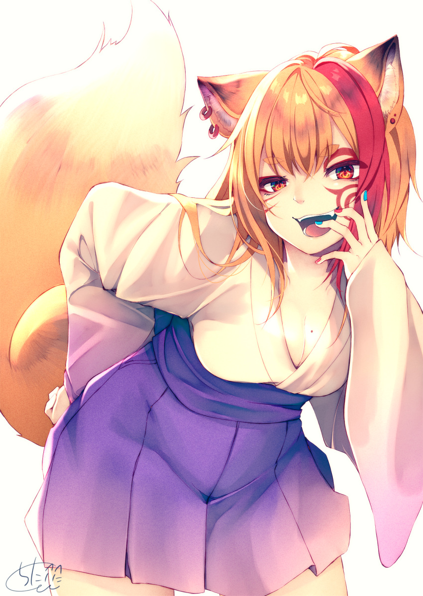 :d animal_ear_fluff animal_ears bangs blue_nails blush breasts brown_hair chita_(ketchup) cleavage commentary_request ear_piercing eyebrows_visible_through_hair facial_mark fingernails fox_ears fox_girl fox_tail hair_between_eyes hand_up highres japanese_clothes kimono leaning_to_the_side long_sleeves looking_at_viewer medium_breasts mole mole_on_breast multicolored multicolored_hair multicolored_nails nail_polish open_mouth original piercing pleated_skirt purple_skirt red_eyes red_hair red_nails short_eyebrows short_kimono signature simple_background skirt sleeves_past_wrists smile solo streaked_hair tail tail_raised thick_eyebrows white_background white_kimono wide_sleeves