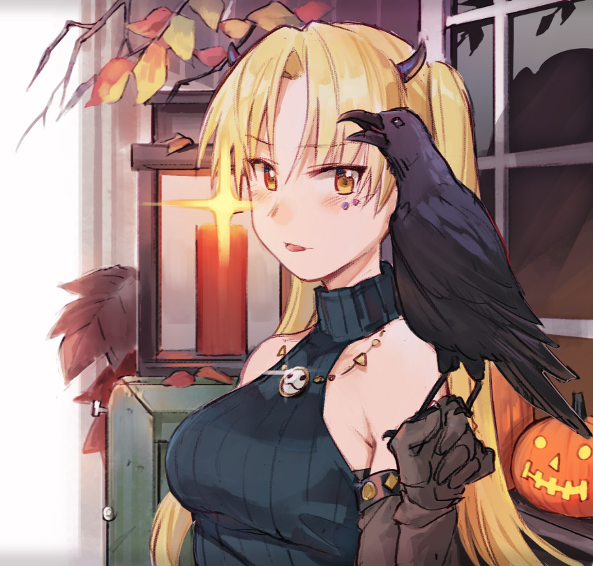 :p animal autumn_leaves bangs bare_shoulders bird bird_on_hand black_sweater blonde_hair blush breasts brown_eyes brown_gloves commentary crow elbow_gloves english_commentary eyebrows_visible_through_hair facial_mark gloves hair_between_eyes halloween hand_up highres horns jack-o'-lantern leaf long_hair looking_at_viewer medium_breasts original parted_bangs ribbed_sweater sleeveless sleeveless_turtleneck smile solo sparkle sweater tongue tongue_out tugo turtleneck turtleneck_sweater very_long_hair