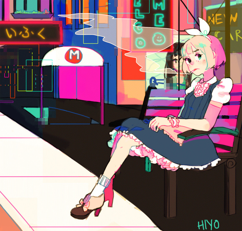 animated animated_gif aqua_eyes blonde_hair bow breasts commentary dress english_commentary hair_bow highres looking_at_viewer neon_lights original road routexx short_hair short_sleeves sidewalk small_breasts smoke smoking socks solo street white_bow white_legwear