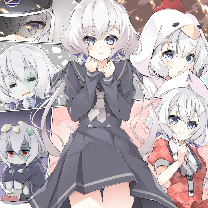 =_= adabana_necromancy blue_eyes blue_skin blush chibi chicken_costume closed_eyes cowboy_shot eyebrows_visible_through_hair full_body grey_skin hair_ribbon half-closed_eyes helmet highres idol index_finger_raised konno_junko long_sleeves looking_at_viewer low_twintails multicolored multicolored_skin multiple_views mushroom necktie open_mouth puffy_short_sleeves puffy_sleeves red_eyes ribbon sailor_collar sasakura school_uniform serafuku short_sleeves silver_hair sitting skirt smile solo_focus stitches twintails zombie zombie_land_saga