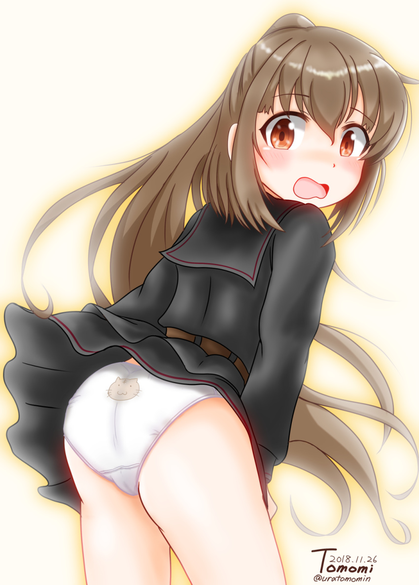 animal_print ass black_sailor_collar black_serafuku black_shirt black_skirt blush brown_eyes brown_hair cat_panties cat_print collared_shirt commentary_request eyebrows_visible_through_hair fumizuki_(kantai_collection) hair_between_eyes highres kantai_collection long_hair long_sleeves looking_at_viewer looking_back open_mouth panties ponytail print_panties sailor_collar school_uniform serafuku shirt simple_background skirt solo underwear uratomomin white_background white_panties