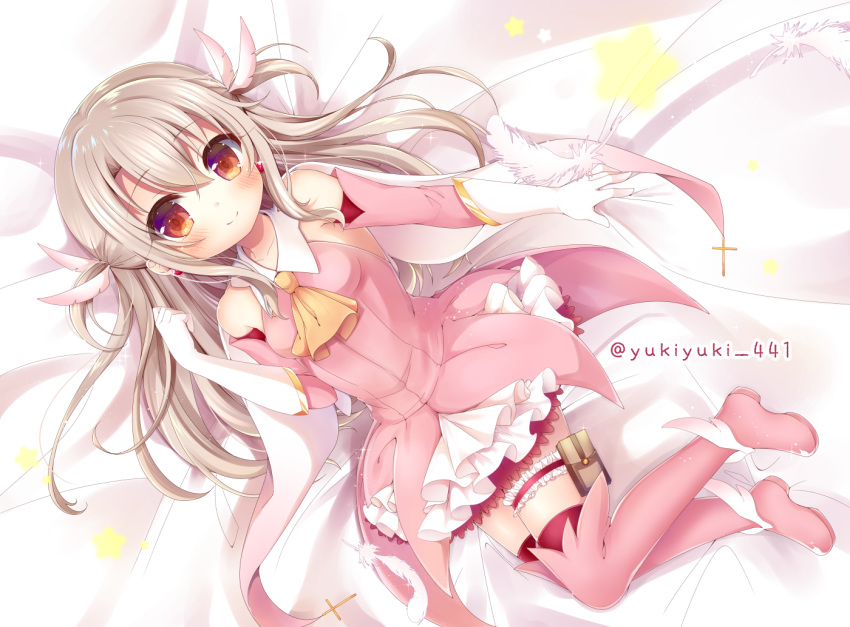 ascot bangs bare_shoulders bed_sheet blush boots breasts brown_eyes brown_hair closed_mouth collarbone commentary_request detached_sleeves elbow_gloves eyebrows_visible_through_hair fate/kaleid_liner_prisma_illya fate_(series) feathers gloves hair_between_eyes hair_feathers hand_up illyasviel_von_einzbern latin_cross layered_skirt lying on_back orange_neckwear pink_feathers pink_footwear pink_legwear pink_shirt pink_sleeves pleated_skirt prisma_illya shirt skirt sleeveless sleeveless_shirt small_breasts smile solo star thigh_boots thighhighs twitter_username two_side_up white_gloves white_skirt yukiyuki_441