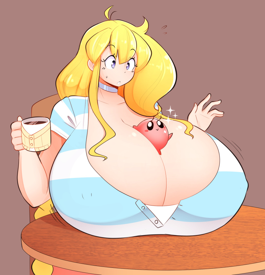 blonde_hair breasts cleavage curvy gigantic_breasts theycallhimcake