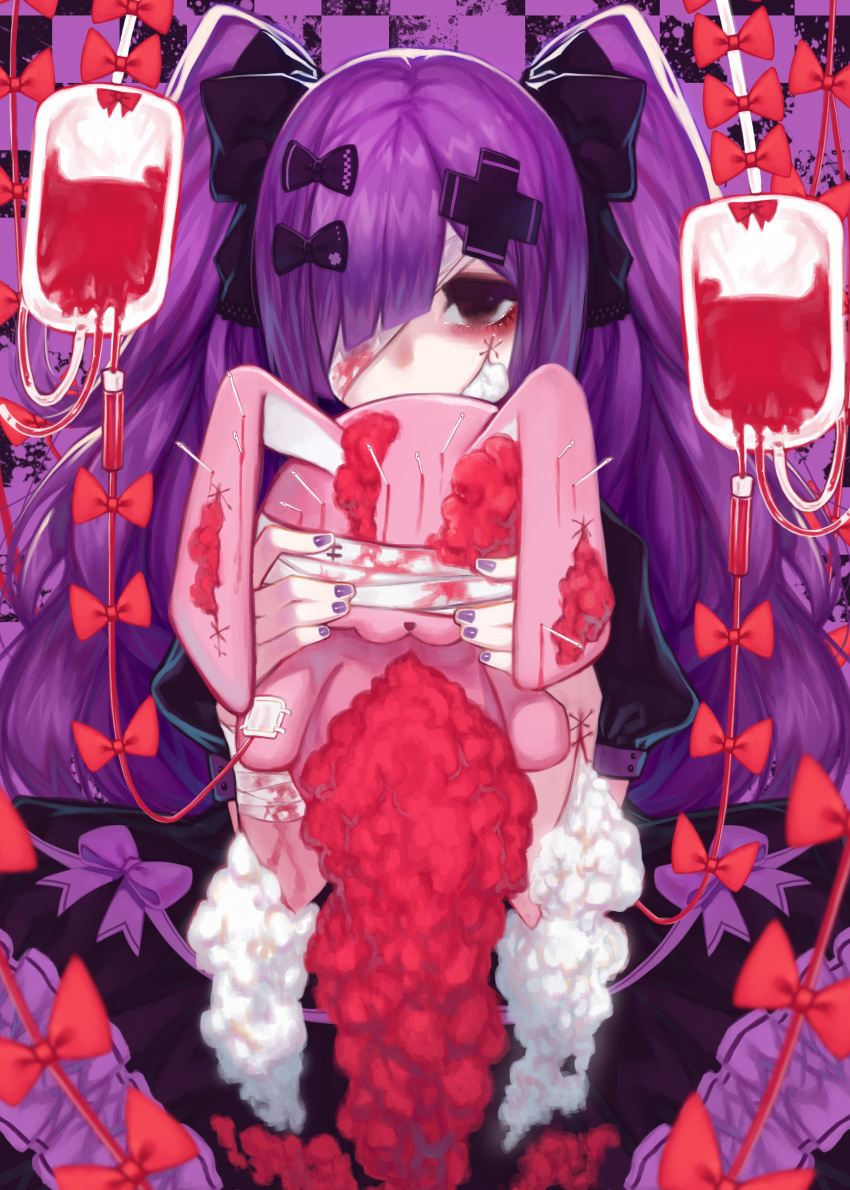 absurdres bandage_on_face bandages black_bow blood blood_bag blood_stain bow commentary_request doku-chan_(dokkudokudoku) eyepatch hair_bow hair_over_one_eye highres long_hair looking_at_viewer needle original purple_bow purple_hair red_bow solo stuffed_animal stuffed_bunny stuffed_toy twintails very_long_hair
