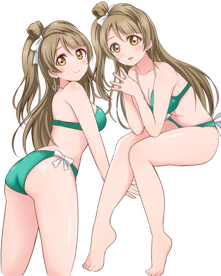 all_fours barefoot bikini brown_eyes brown_hair dual_persona feet_out_of_frame fingers_together green_bikini highres invisible_chair long_hair love_live! love_live!_school_idol_project minami_kotori multiple_girls one_side_up simple_background sitting swimsuit wewe white_background