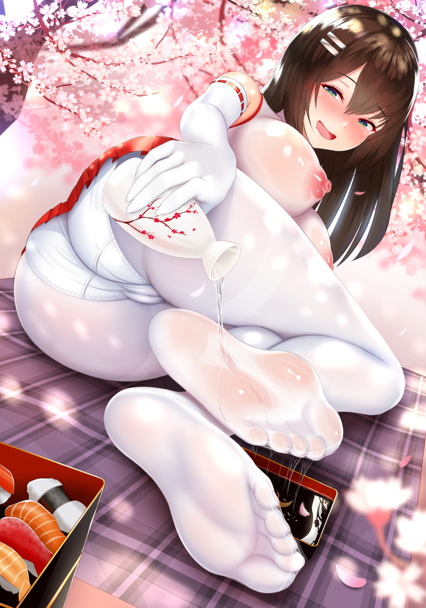 alcohol ass bare_shoulders blush breasts brown_hair cameltoe cherry_blossoms commentary_request covered_nipples damao_yu elbow_gloves eyebrows_visible_through_hair feet food full_body gloves green_eyes hair_between_eyes hair_ornament hairclip highres impossible_clothes japanese_clothes large_breasts long_hair miko naughty_face nipples no_shoes nose_blush original panties pantyhose pouring raised_eyebrows revision ribbon-trimmed_gloves ribbon_trim sake see-through skirt soles solo sushi toes tokkuri underwear wet wet_clothes white_gloves white_legwear white_panties