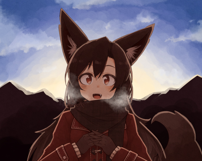 alternate_costume animal_ears blue_sky breath brown_hair brown_scarf coat commentary_request gloves hair_between_eyes head_tilt highres imaizumi_kagerou kaginoni long_hair long_sleeves looking_at_viewer mountain open_mouth outdoors own_hands_together red_eyes scarf sky smile solo tail touhou upper_body winter_clothes winter_coat wolf_ears wolf_tail