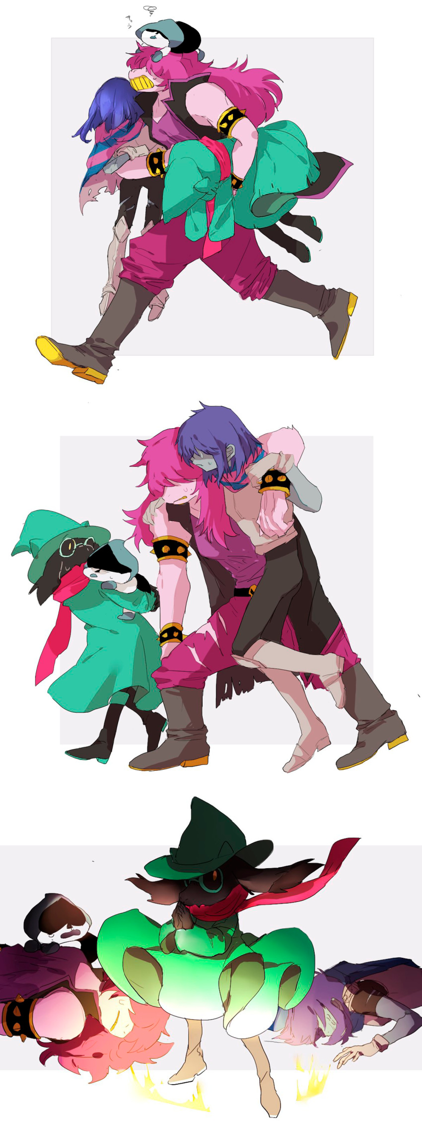 2018 777aoao_(artist) anthro black_fur caprine clothed clothing deltarune digital_media_(artwork) eyewear female fur glasses goat hair hat human kris_(deltarune) lancer_(deltarune) male mammal ralsei reptile scalie scarf simple_background susie_(deltarune) video_games