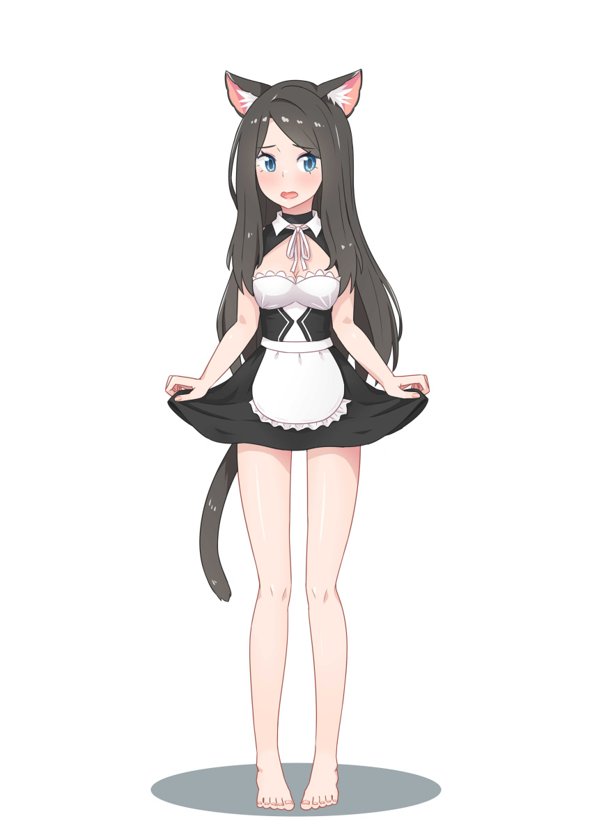 1girl absurdres animal_ears apron barefoot black_dress black_hair blue_eyes blush breasts cat_ears cat_tail choker cleavage cleavage_cutout dress dress_lift full_body highres lifted_by_self long_hair looking_at_viewer maid medium_breasts nekoze_(s22834712) open_mouth original simple_background solo standing tail toes waist_apron white_apron white_background