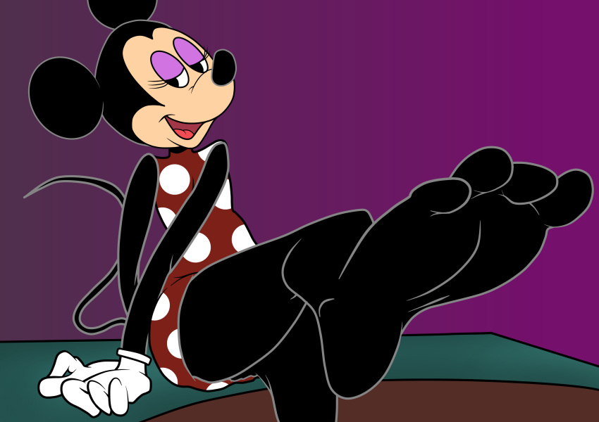2018 a-fitzga absurd_res anthro barefoot bedroom_eyes black_nose clothed clothing digital_media_(artwork) disney dress feet female foot_focus gloves half-closed_eyes hi_res looking_at_viewer mammal minnie_mouse mouse open_mouth rodent seductive simple_background smile solo tongue