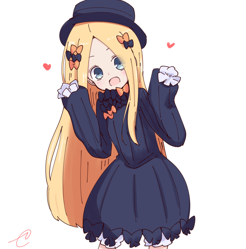 :d abigail_williams_(fate/grand_order) bangs black_bow black_dress black_hat blonde_hair bloomers blue_eyes blush bow bug butterfly commentary_request cowboy_shot dress eyes_visible_through_hair fate/grand_order fate_(series) forehead hair_bow hands_up hat heart highres insect kujou_karasuma leaning_to_the_side long_hair long_sleeves looking_at_viewer md5_mismatch open_mouth orange_bow parted_bangs polka_dot polka_dot_bow signature simple_background sleeves_past_fingers sleeves_past_wrists smile solo underwear very_long_hair white_background white_bloomers
