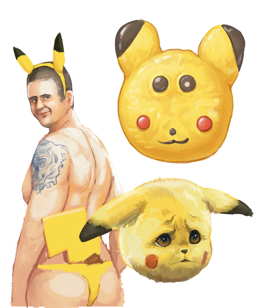 absurdres animal_ears ass back brown_eyes brown_hair caucasian chanta_(ayatakaoisii) closed_mouth commentary_request cowboy_shot ears_down fake_animal_ears fake_tail fat fat_man from_behind furrowed_eyebrows hairband hairy_pikachu head_only highres lips looking_at_viewer looking_back male_focus male_underwear manboobs multiple_persona non-asian personification pikachu pikachu_boy pikachu_ears pikachu_tail pokemon pokemon_(creature) pokemon_ears realistic seductive_smile shirtless shoulder_blades shoulder_tattoo simple_background smile standing tail tattoo underwear what white_background yellow_fur yellow_hairband