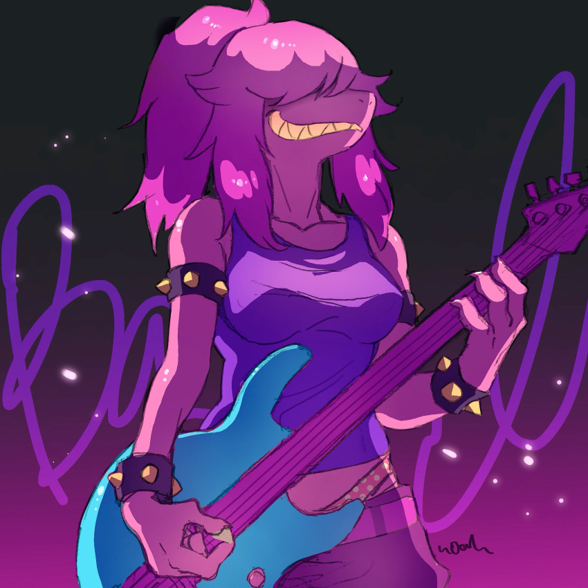 acoustic_guitar bracelet deltarune electric_guitar guitar hair_over_eyes highres instrument jewelry long_hair noaharbre sharp_teeth smile solo spiked_bracelet spikes standing susie_(deltarune) teeth