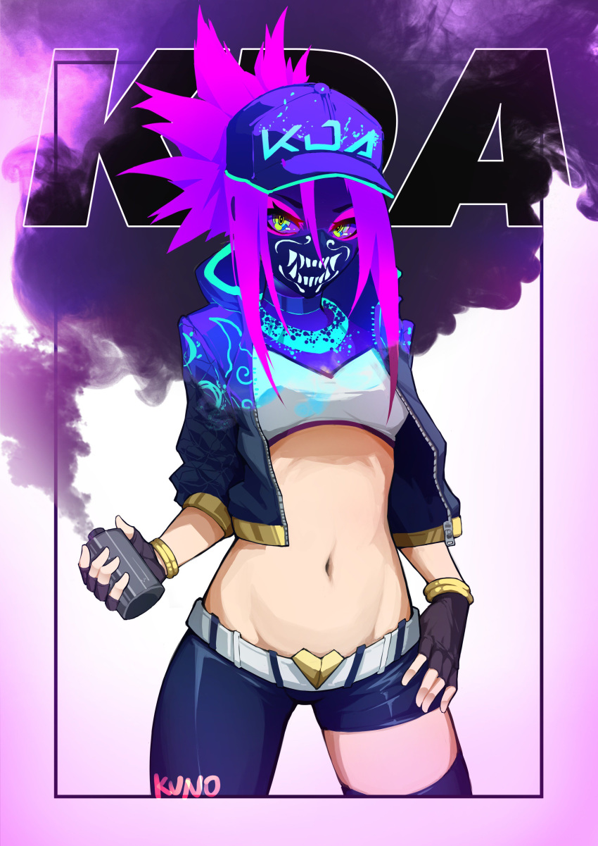 1girl absurdres akali artikun0 asymmetrical_legwear baseball_cap black_gloves bracelet breasts choker cowboy_shot fingerless_gloves gloves hand_on_hip hat highres jacket jewelry k/da_(league_of_legends) k/da_akali league_of_legends long_hair looking_at_viewer mask midriff navel open_clothes open_jacket ponytail purple_hair signature solo spray_can ultraviolet_light yellow_eyes