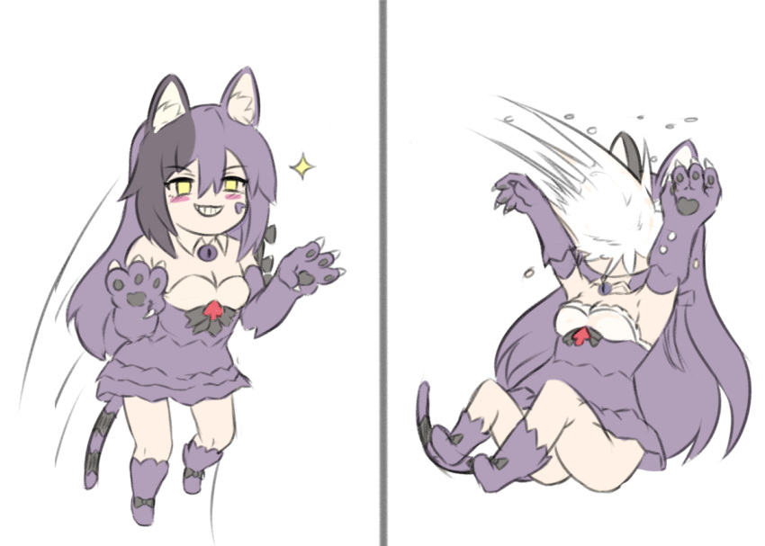 animal_ears black_hair cat_ears cat_tail cheshire_cat_(monster_girl_encyclopedia) chibi claws commentary english_commentary eyebrows_visible_through_hair grin hair_between_eyes in_the_face long_hair monster_girl monster_girl_encyclopedia multicolored_hair nav parody paws photo-referenced purple_hair simple_background smile snowball sparkle striped_tail tail two-tone_hair very_long_hair white_background yellow_eyes