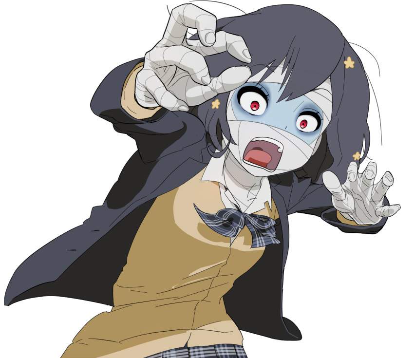 bandages black_hair bow commentary_request hair_between_eyes hair_ornament jacket long_sleeves messy_hair mizuno_ai open_mouth outstretched_arms pettan plaid plaid_skirt red_eyes ribbon school_uniform screaming short_hair skirt sweater_vest zombie zombie_land_saga zombie_pose