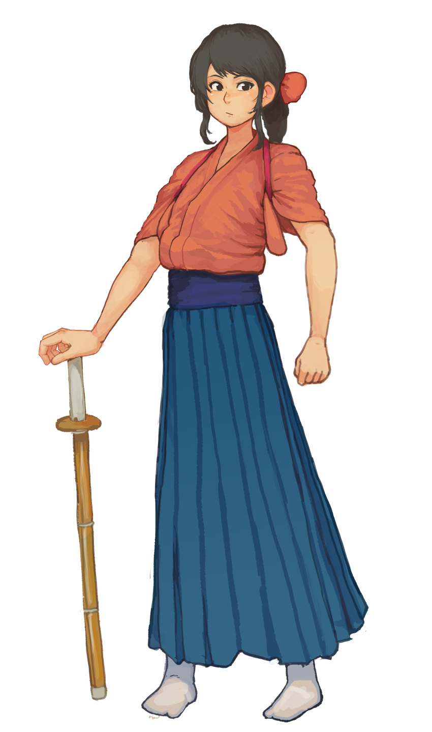 :/ absurdres blue_hakama bokken bow brown_eyes brown_hair chanta_(ayatakaoisii) closed_mouth full_body hair_bow hakama highres holding japanese_clothes looking_at_viewer original ponytail red_bow short_sleeves simple_background solo standing sword tabi weapon white_background white_legwear wooden_sword
