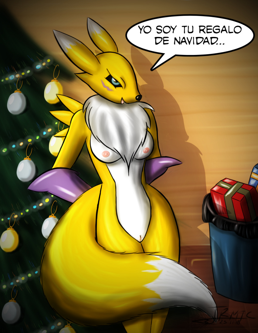 2018 anthro breasts canine christmas clothing digimon digital_media_(artwork) female fur furromantic gift gloves hi_res holidays looking_at_viewer mammal neck_tuft nipples nude pussy renamon solo spanish_text text translated tuft yellow_fur