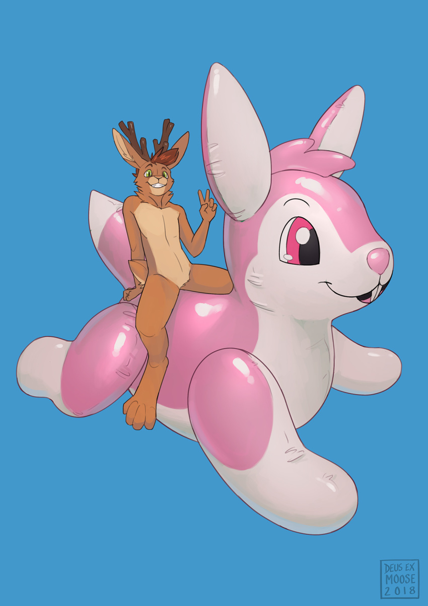2018 4_toes anthro antlers blue_background brown_fur brown_hair deusexmoose featureless_crotch fur green_eyes hair hi_res horn inflatable jackalope lagomorph looking_at_viewer male mammal mryia neck_tuft nude pool_toy rabbit simple_background sitting smile solo toes tuft v_sign