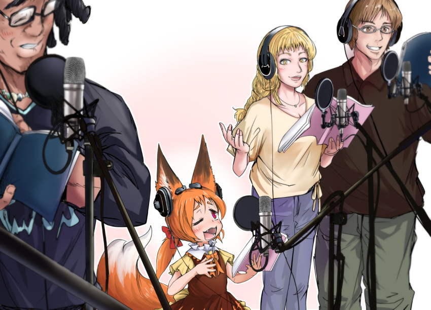 2girls :d animal_ears blonde_hair book bow brown_dress brown_eyes brown_hair brown_shirt commentary_request doitsuken dress fox_ears fox_tail glasses grey_pants grin hair_bow headphones holding holding_book microphone multiple_boys multiple_girls music neck_ribbon one_eye_closed open_mouth orange_hair orange_neckwear orange_ribbon original pants ponytail pop_filter red_bow red_eyes ribbon script shirt short_sleeves singing slit_pupils smile standing studio_microphone tail yellow_eyes yellow_shirt