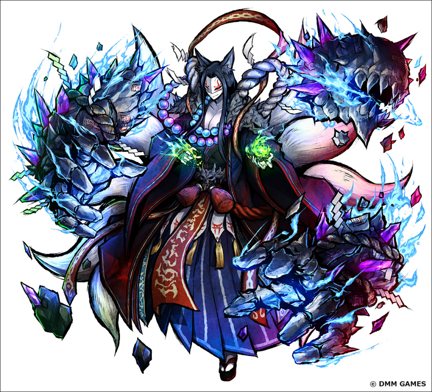 animal_ears black_border black_hair border breasts cleavage commentary_request fingernails fox_ears fox_mask fox_tail full_body green_nails hakama japanese_clothes kei-suwabe large_breasts long_hair looking_at_viewer magic mask multiple_tails nail_polish official_art oshiro_project_re platform_footwear red_eyes sandals sharp_fingernails simple_background smile solo tabi tail tassel watermark white_background