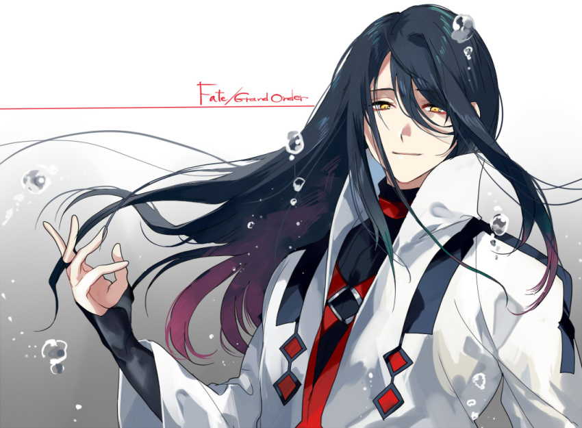 black_hair black_shirt bubble fate/grand_order fate/prototype fate/prototype:_fragments_of_blue_and_silver fate_(series) gradient gradient_background hair_between_eyes jacket kyouichi long_hair looking_at_viewer male_focus paracelsus_(fate) red_vest shirt upper_body very_long_hair vest white_background white_jacket yellow_eyes