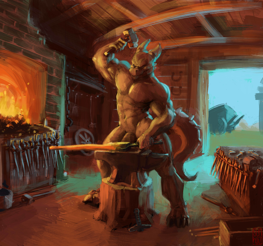 anvil blacksmith dragon fire hammer male nude penis scalie sunhuiz tools