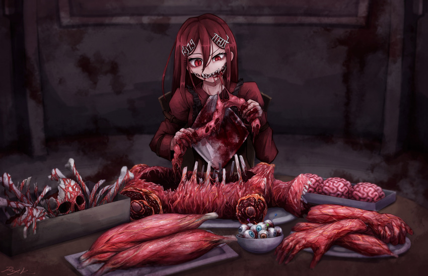 blood bowl brain cannibalism commentary_request corpse dress eating eyeball guro hair_between_eyes hair_ornament hairclip half-closed_eye holding long_hair long_sleeves monster mutilation original pin plate ray-k red_dress red_eyes red_hair sharp_teeth signature skull slit_pupils table teeth tray