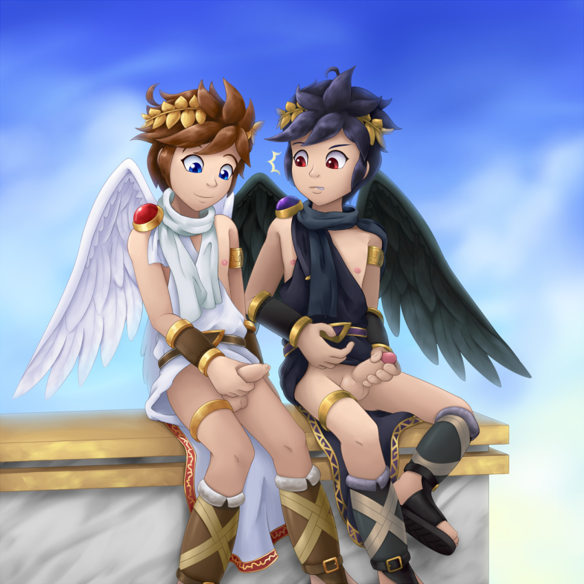 2018 angel balls blue_eyes brown_hair clothed clothing comparing comparing_penis dark_pit day detailed_background digital_media_(artwork) duo feathered_wings feathers foreskin glans hair hi_res holding_penis humanoid humanoid_penis kid_icarus long_foreskin male male/male nintendo not_furry nuggets outside penis penis_envy pit_(kid_icarus) red_eyes retracted_foreskin sitting sky smile uncut video_games wings young