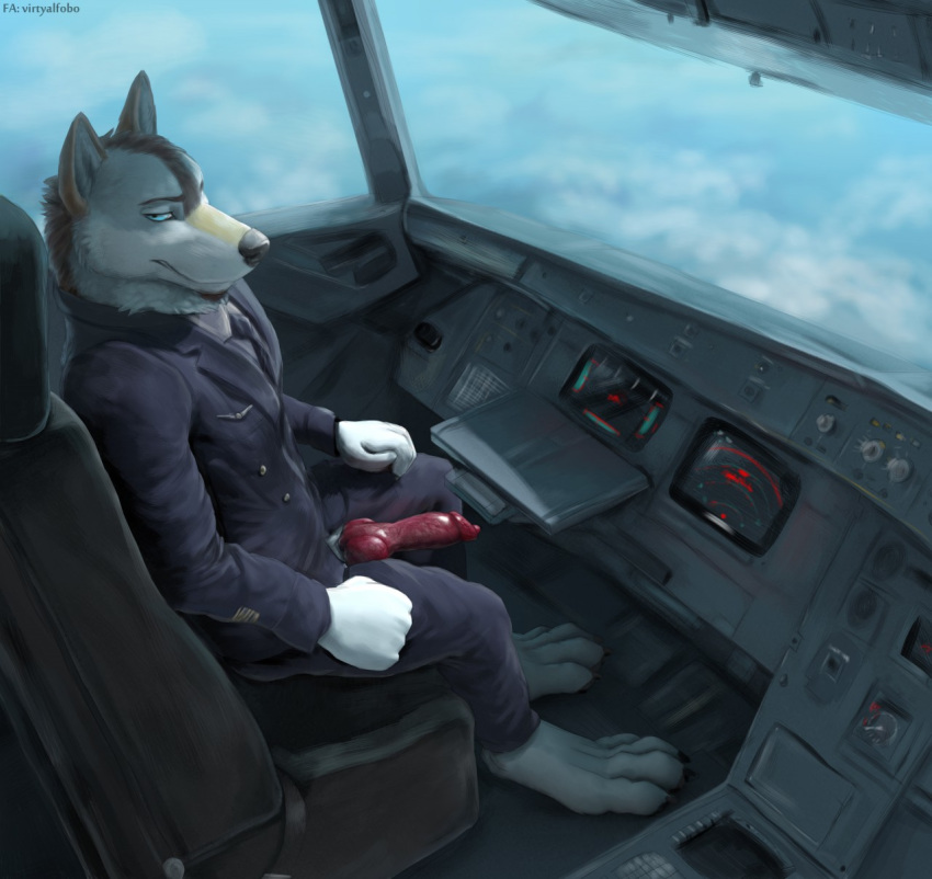 airliner animal_genitalia animal_penis anthro canine canine_penis clothed clothing cockpit erection hi_res knot looking_at_viewer male mammal necktie penis pilot solo suit uniform unprofessional_behavior virtyalfobo