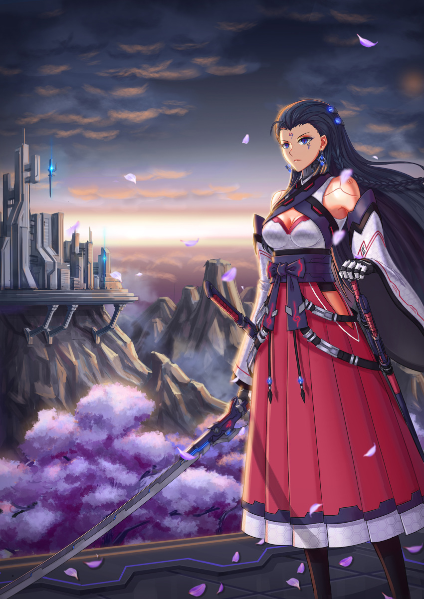 bare_shoulders black_hair blue_eyes braid brilliant_naraku cherry_blossoms city cleavage_cutout cloud cloudy_sky commentary_request cyborg detached_sleeves earrings facial_mark forehead_mark hair_pulled_back hakama hand_on_hilt headgear highres japanese_clothes jewelry katana kimono mountain original petals red_pupils science_fiction serious sky slit_pupils sword unmoving_pattern weapon wide_sleeves