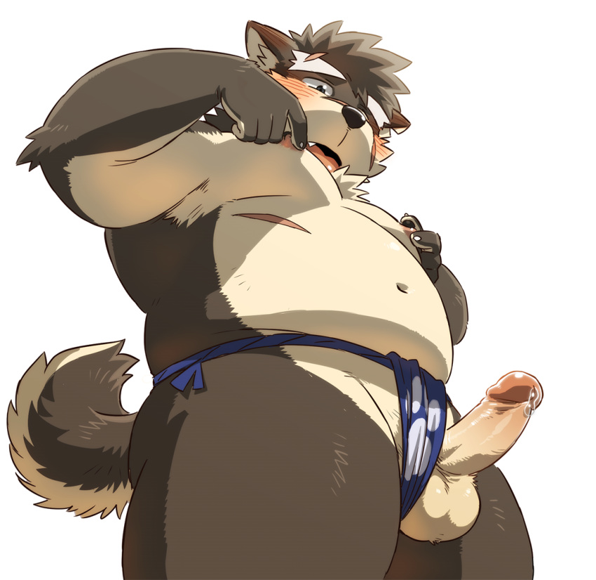 balls belly blush canine clothing dog erection fundoshi japanese_clothing male mammal moobs moritaka mostly_nude navel nipple_pinch nipple_play penis pinch precum rossciaco scar slightly_chubby solo tokyo_afterschool_summoners underwear