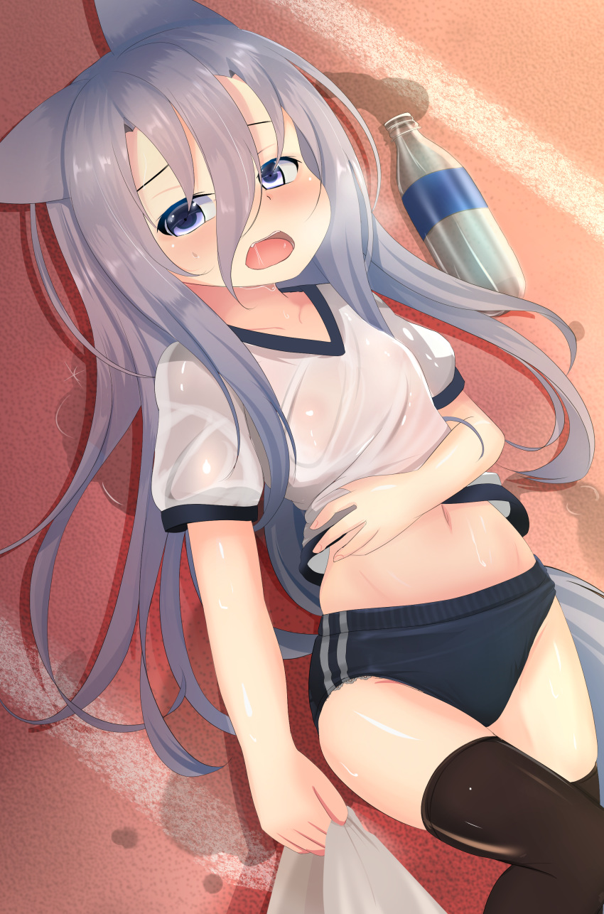 absurdres animal_ears black_legwear blue_buruma bottle buruma commentary dog_ears dog_tail gym_uniform hand_on_own_stomach highres hotel01 lifted_by_self long_hair lying navel on_back on_floor open_mouth original panties panties_under_buruma panty_peek purple_eyes purple_hair shirt shirt_lift solo tail thighhighs towel underwear white_panties white_shirt